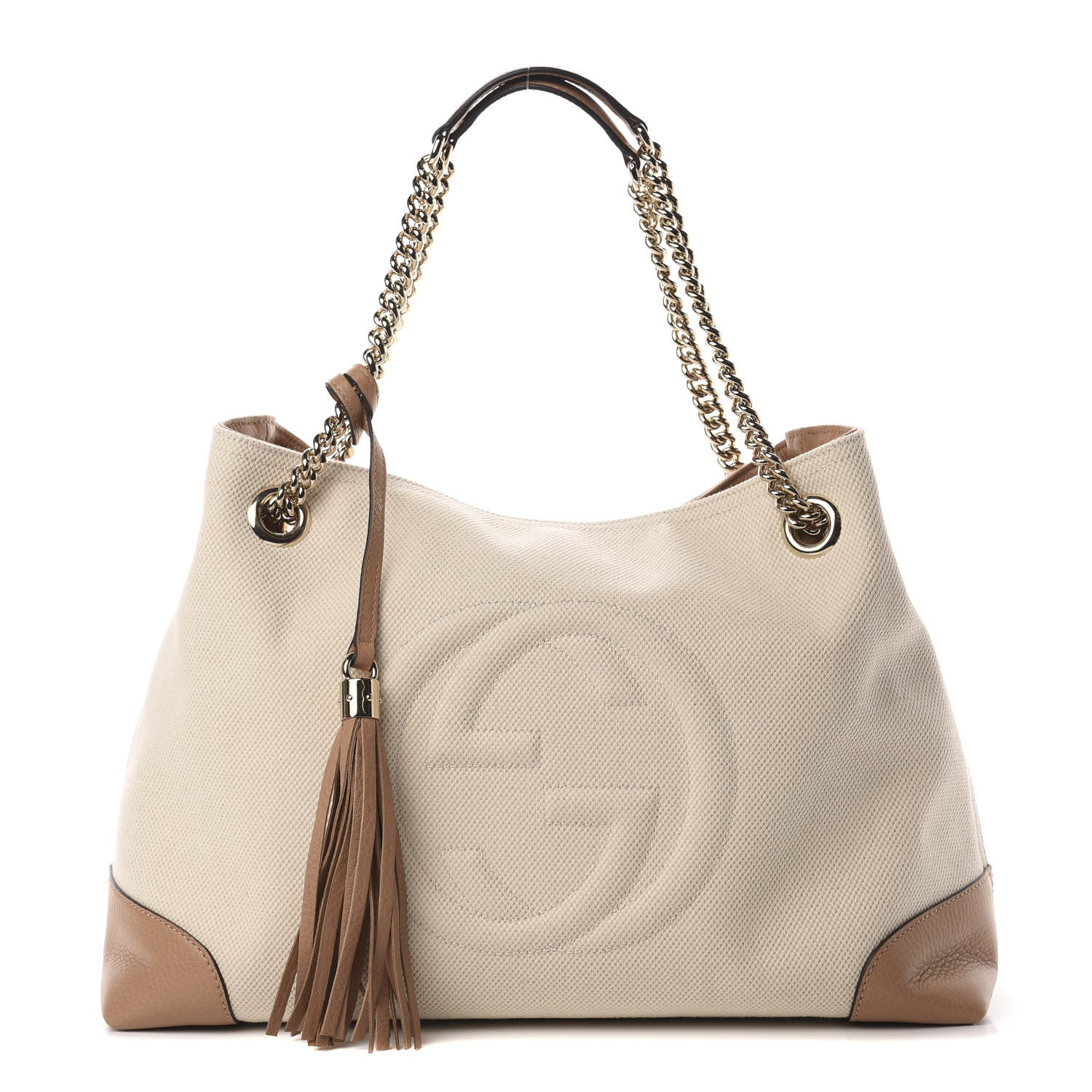 Gucci Linen Canvas Pebbled Calfskin Medium Soho Chain Shoulder Bag White Camelia 1 of 10