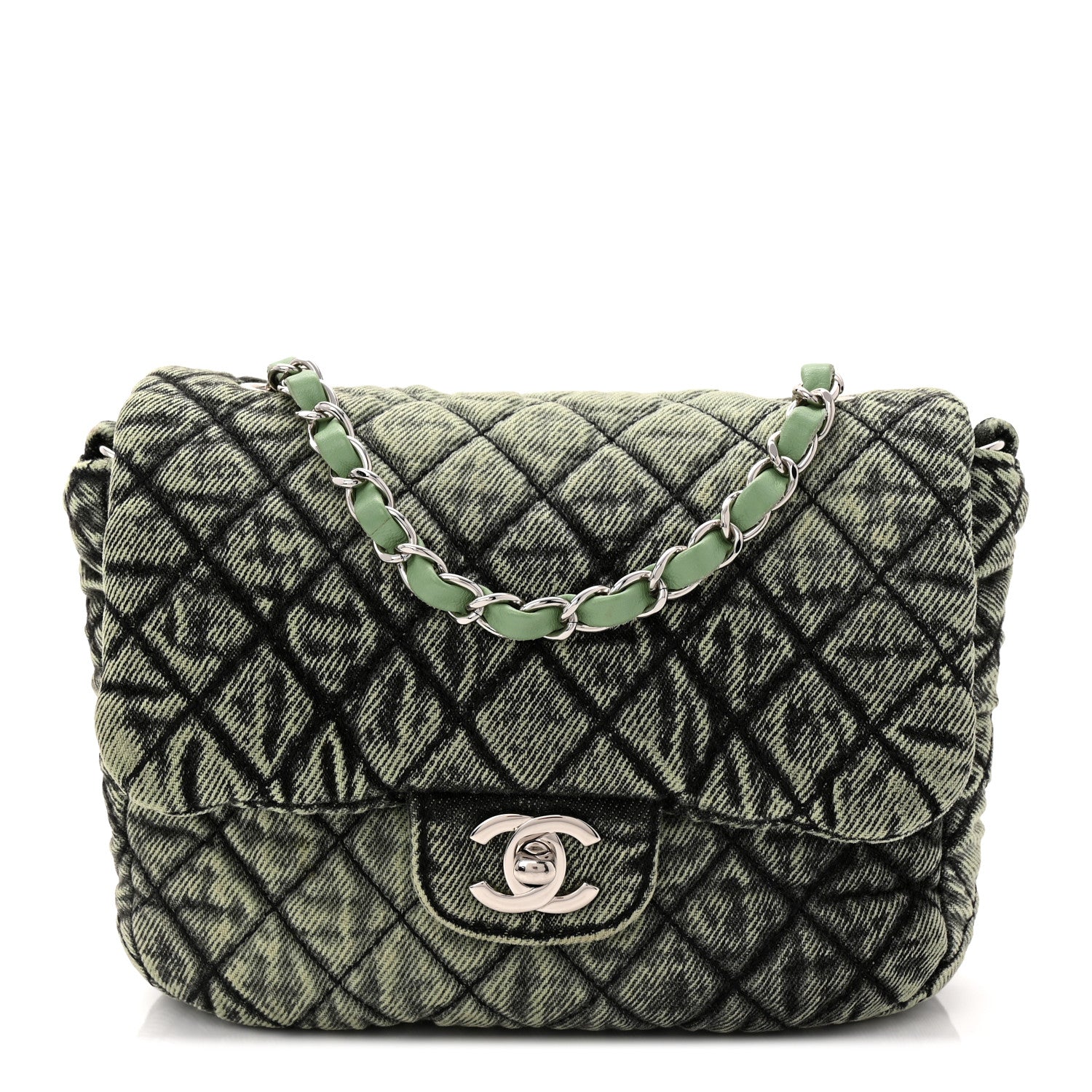 Chanel Washed Denim Quilted Small Denimpression Flap Green Black 1 of 10