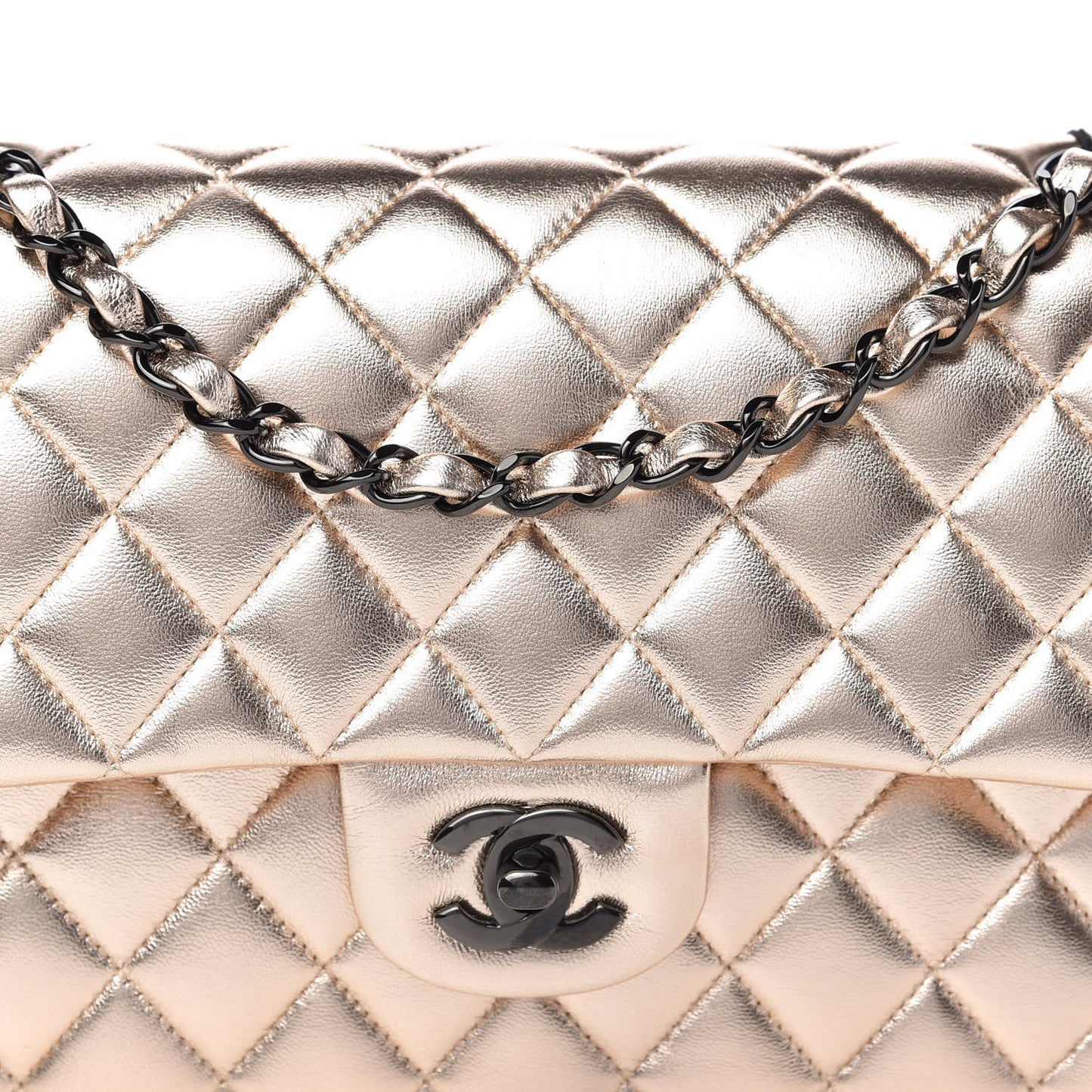 Metallic Lambskin Quilted Medium Double Flap Gold Black