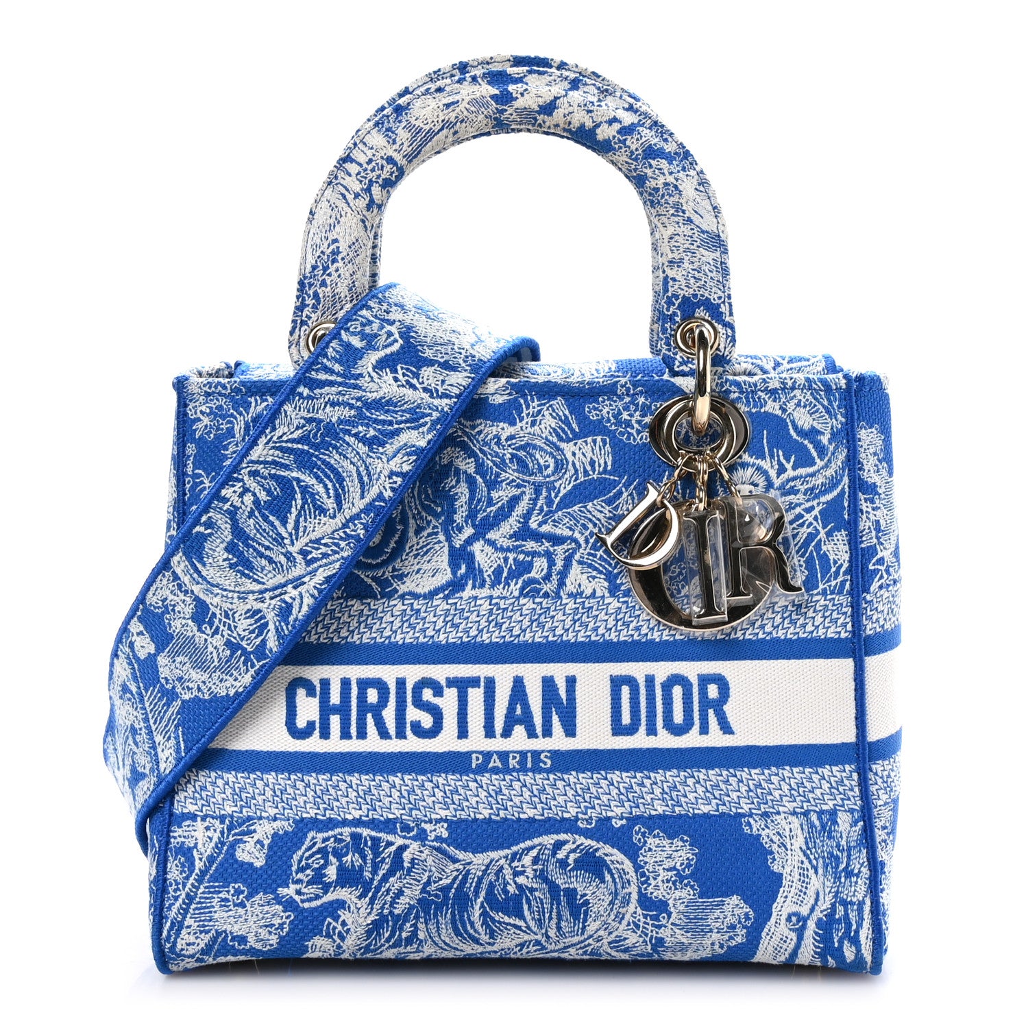 Christian Dior Canvas Toile De Jouy Reverse Embroidered Medium Lady D-Lite Fluorescent Blue 1 of 10