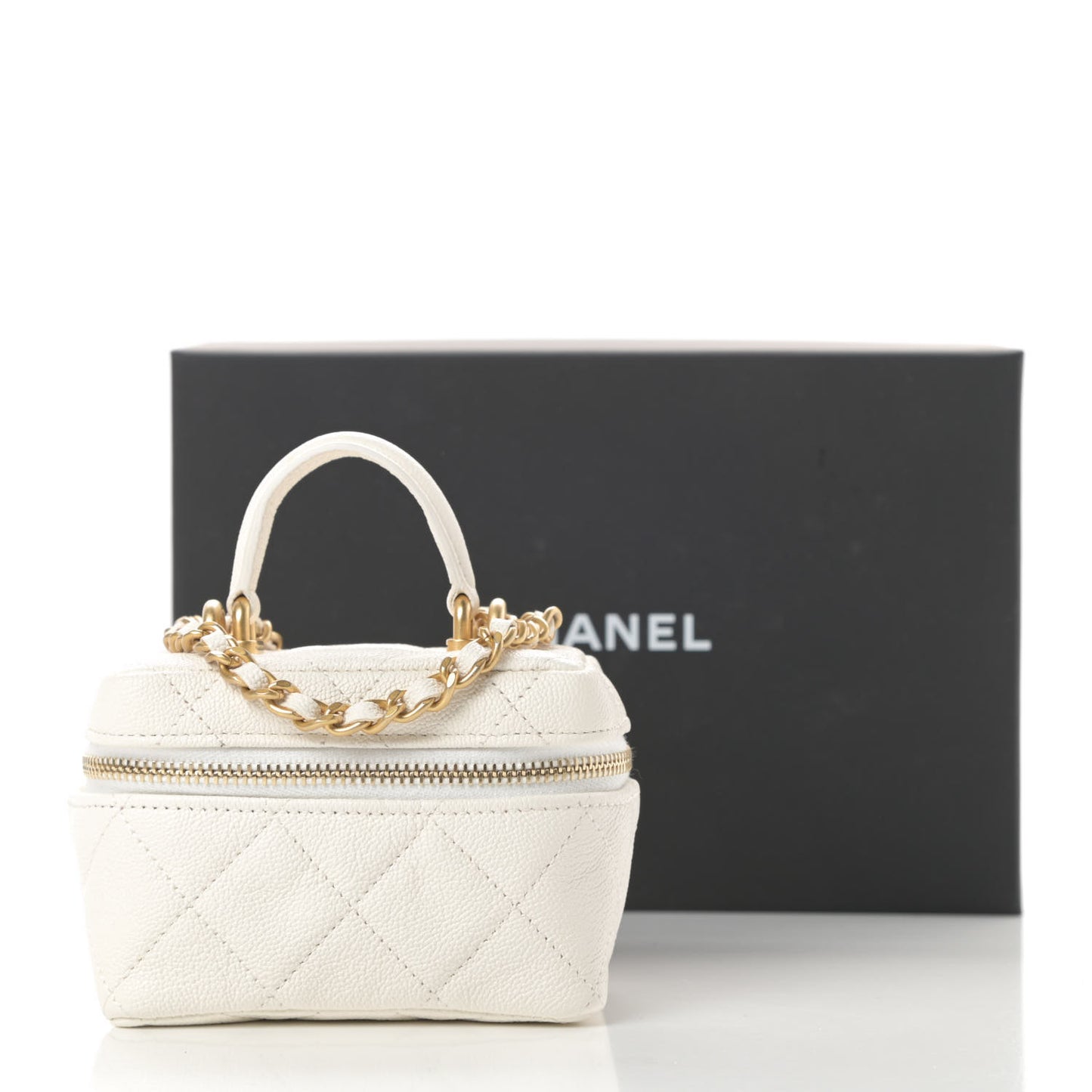 Caviar Quilted Mini Top Handle Vanity With Chain White