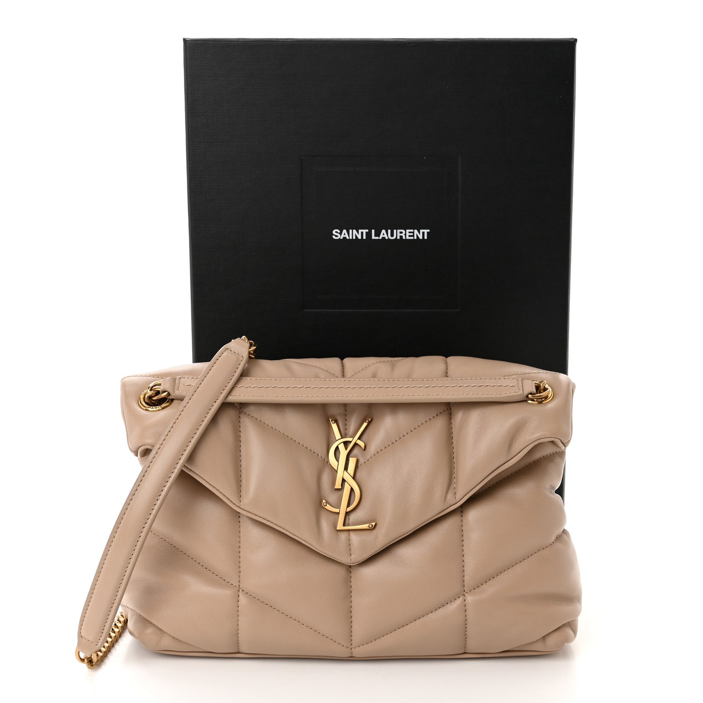 Lambskin Quilted Small Loulou Puffer Monogram Chain Satchel Dark Beige