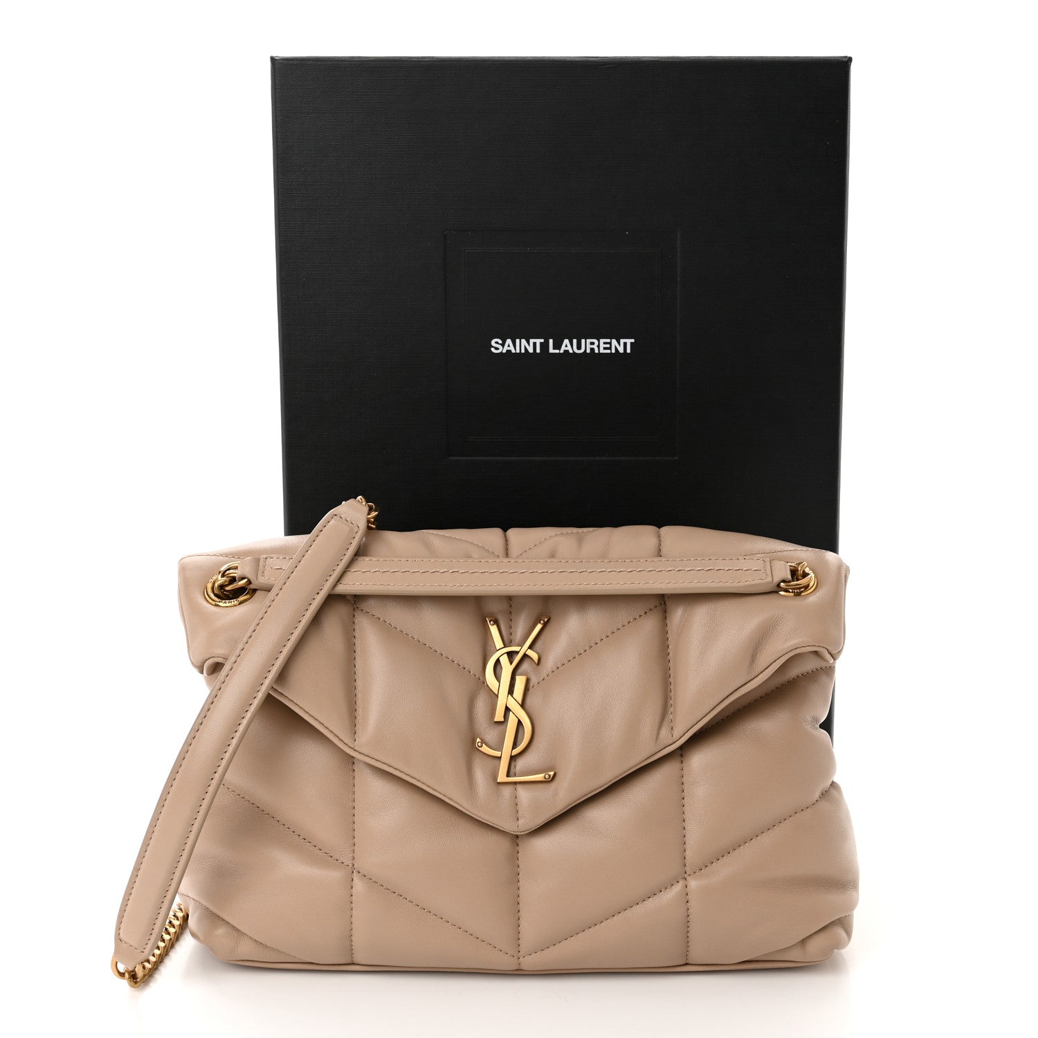 Saint Laurent Lambskin Quilted Small Loulou Puffer Monogram Chain Satchel Dark Beige 12 of 12