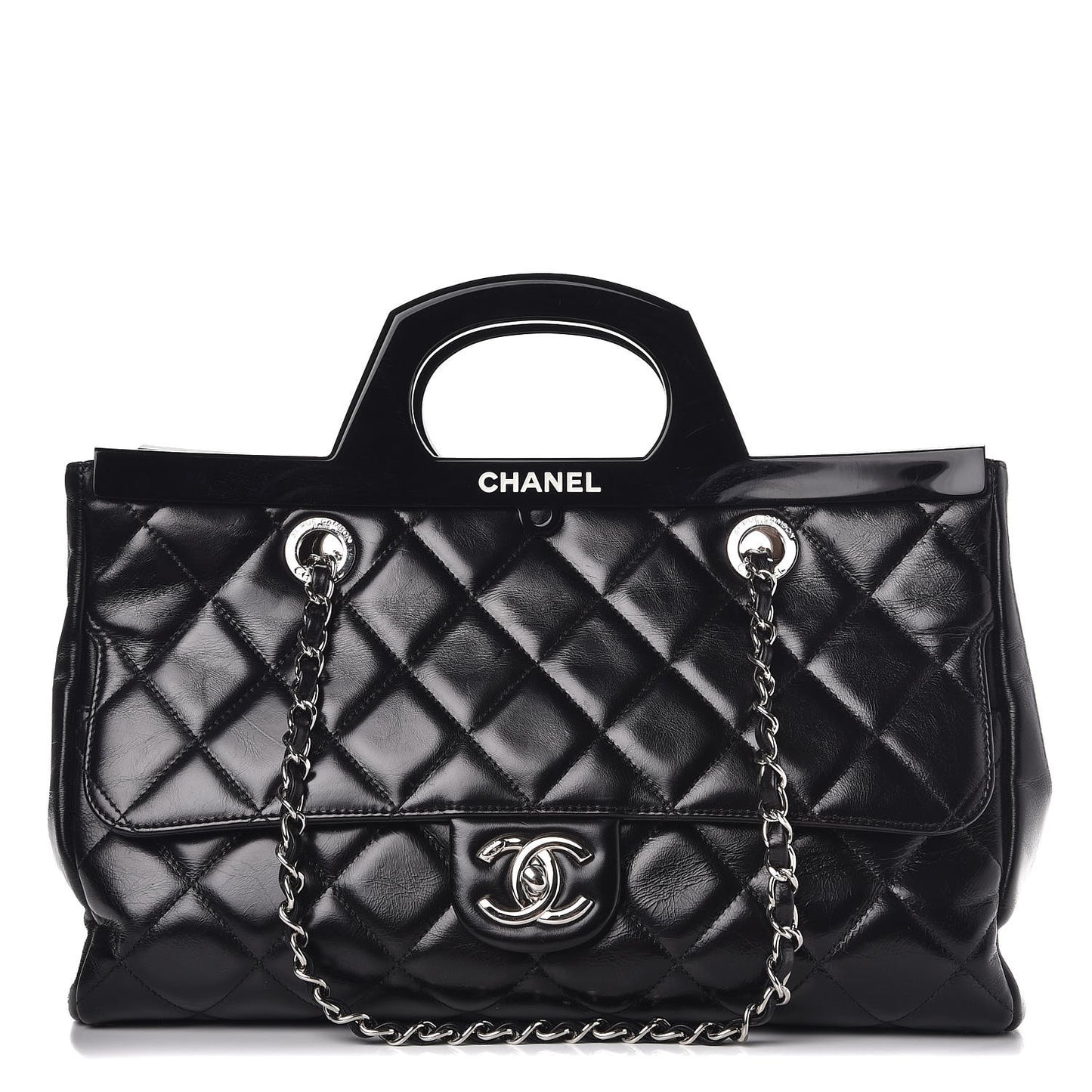 Glazed Calfskin Quilted Small CC Delivery Tote Black
