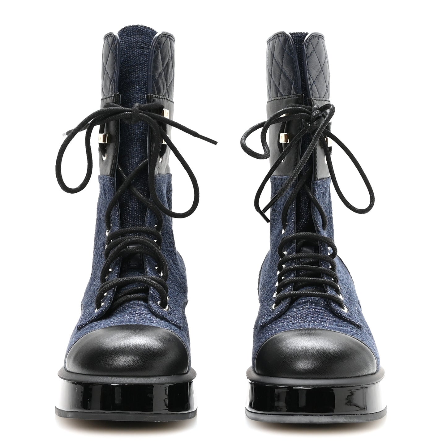 Fabric Patent Lambskin Quilted CC Lace Up Combat Boots 36.5 Navy Blue Black