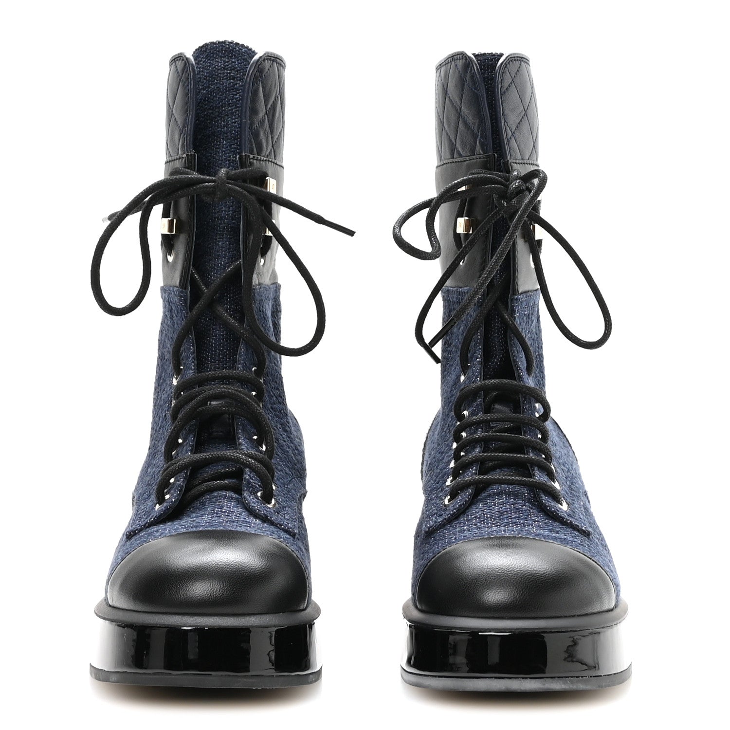 Chanel Fabric Patent Lambskin Quilted CC Lace Up Combat Boots 36.5 Navy Blue Black 3 of 9