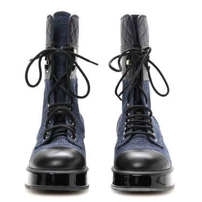Chanel Fabric Patent Lambskin Quilted CC Lace Up Combat Boots 36.5 Navy Blue Black 3 of 9