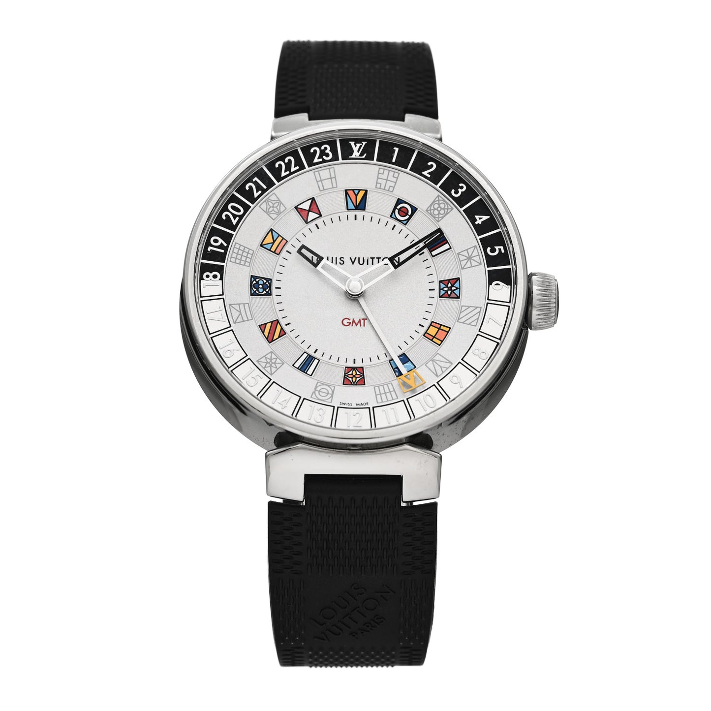 Stainless Steel Rubber 44mm Tambour Moon Dual Time GMT Quartz Watch Silver