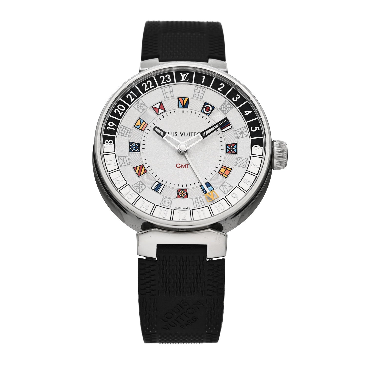 Louis Vuitton Stainless Steel Rubber 44mm Tambour Moon Dual Time GMT Quartz Watch Silver 1 of 6