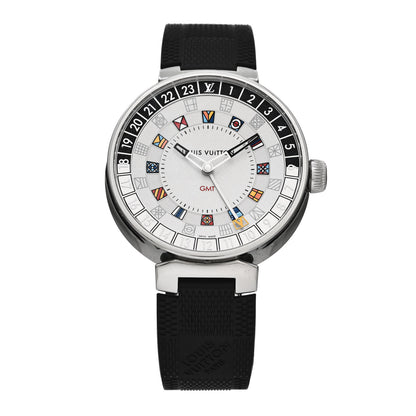Louis Vuitton Stainless Steel Rubber 44mm Tambour Moon Dual Time GMT Quartz Watch Silver 1 of 6