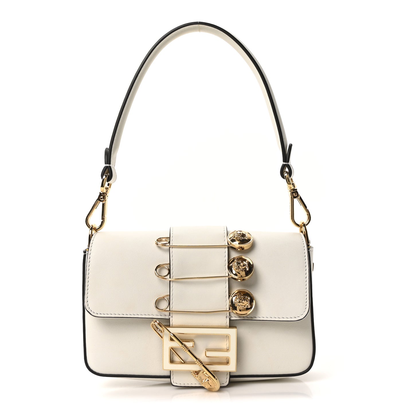 X VERSACE Vitello Seta Fendace Mini Brooch Baguette White Ice
