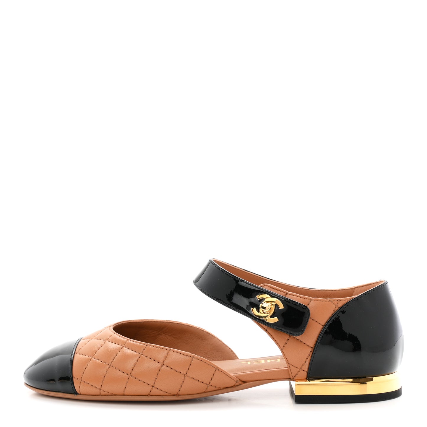 Patent Lambskin Quilted Cap Toe Ballerina Flats 36 Light Brown Black