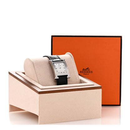Hermes Stainless Steel Alligator Diamond Bezel Mother of Pearl 26mm Heure H Hour Quartz Watch Noir 5 of 5