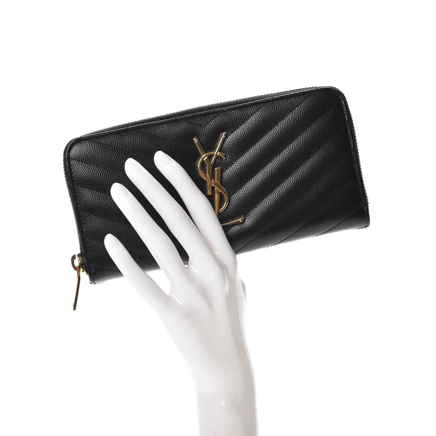 Saint Laurent Grain De Poudre Matelasse Chevron Monogram Zip Around Wallet Black 2 of 7