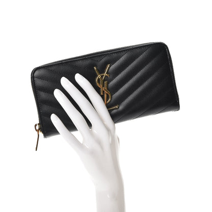 Saint Laurent Grain De Poudre Matelasse Chevron Monogram Zip Around Wallet Black 2 of 7