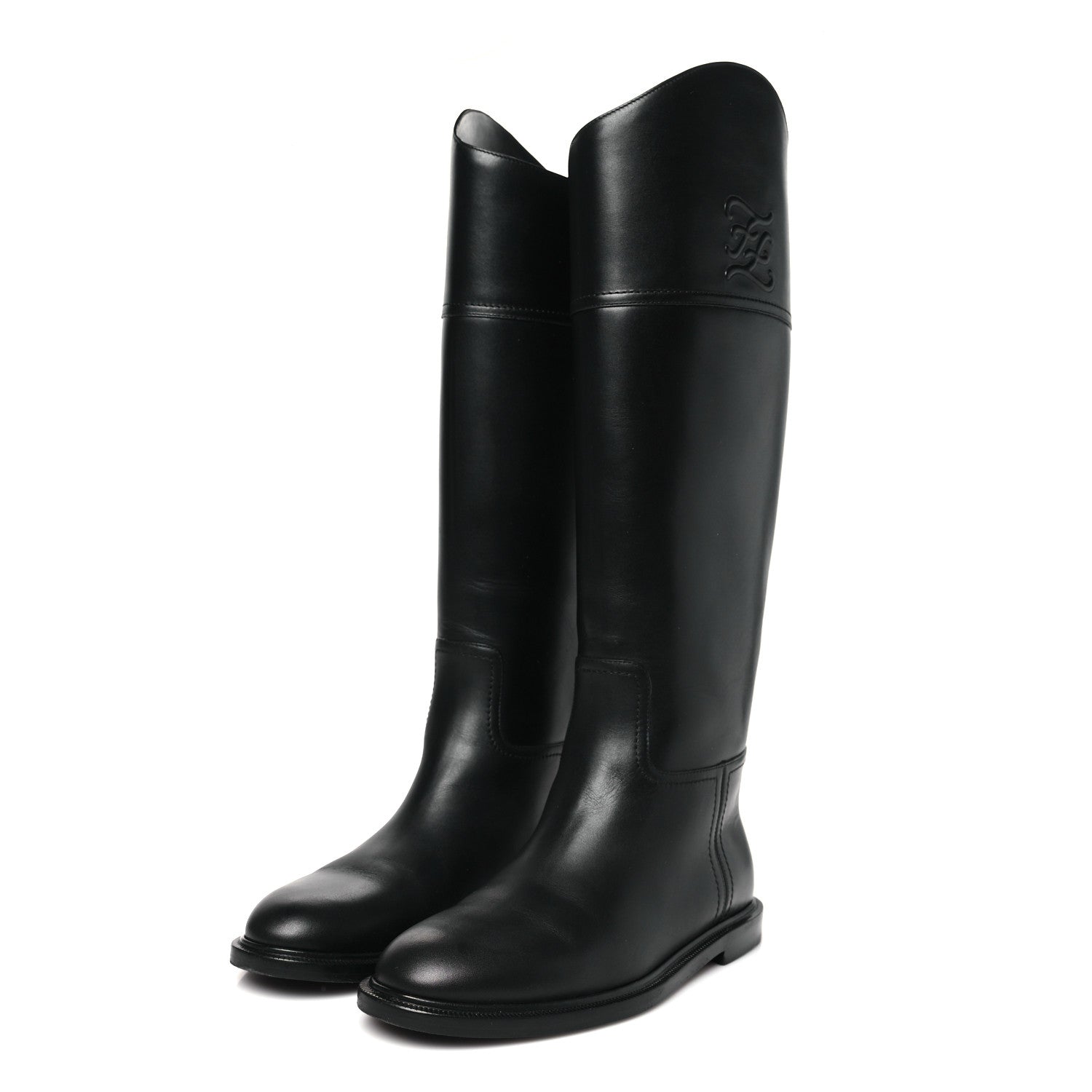 Fendi Vitello Karligraphy Embossed Tall Riding Boots 37.5 Black 3 of 8