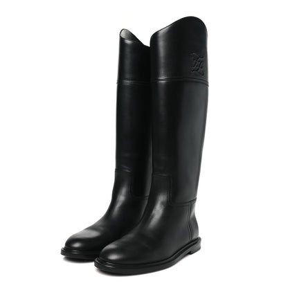 Fendi Vitello Karligraphy Embossed Tall Riding Boots 37.5 Black 3 of 8