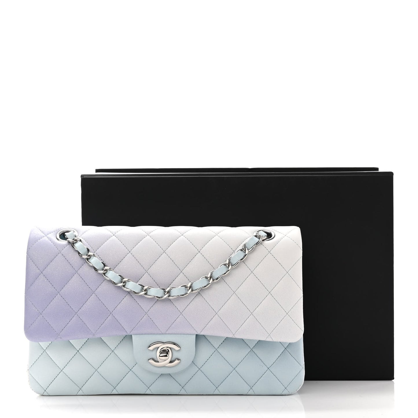 Perforated Lambskin Quilted Medium Double Flap Light Blue Light Purple White