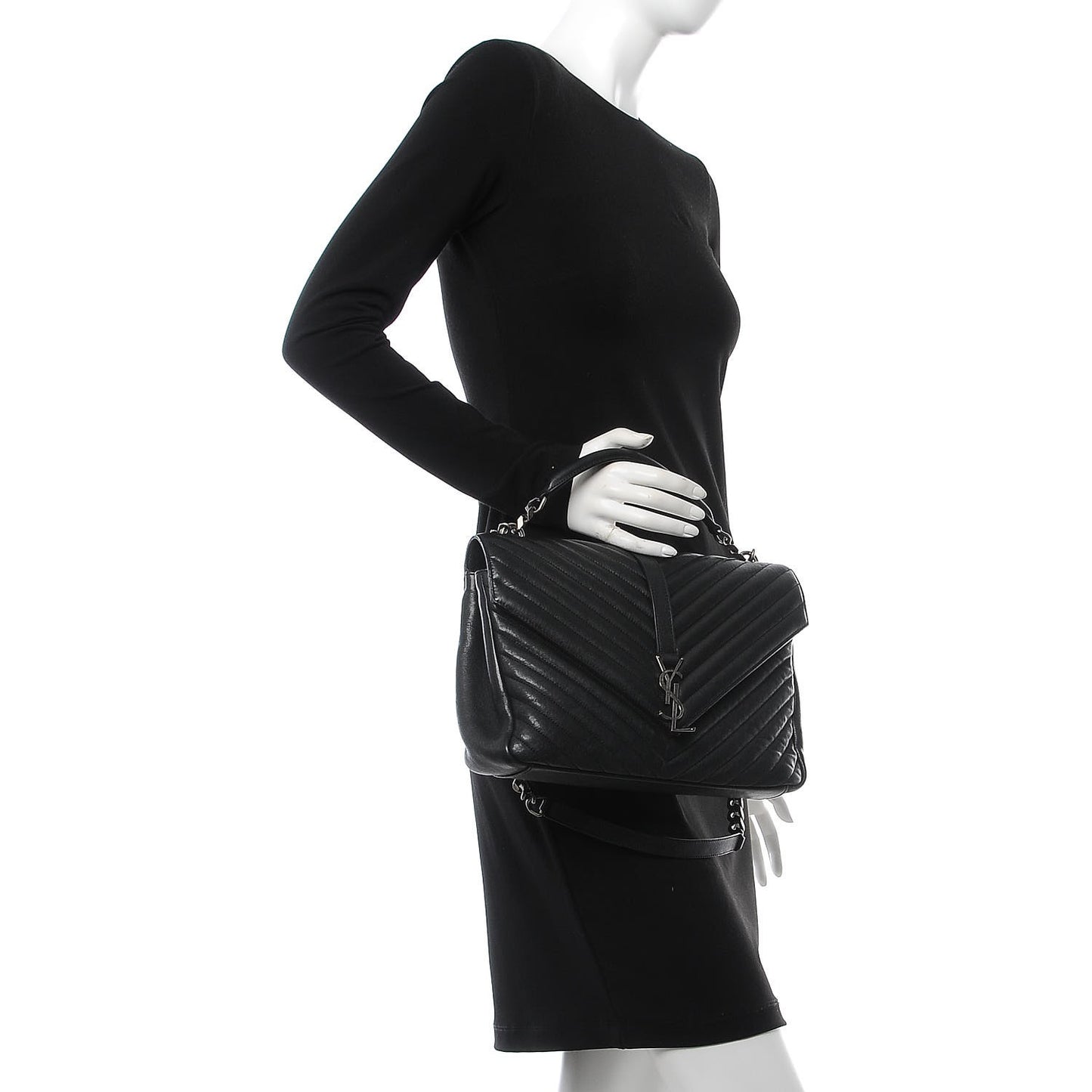 Sheepskin Matelasse Chevron Monogram Large College Satchel Black