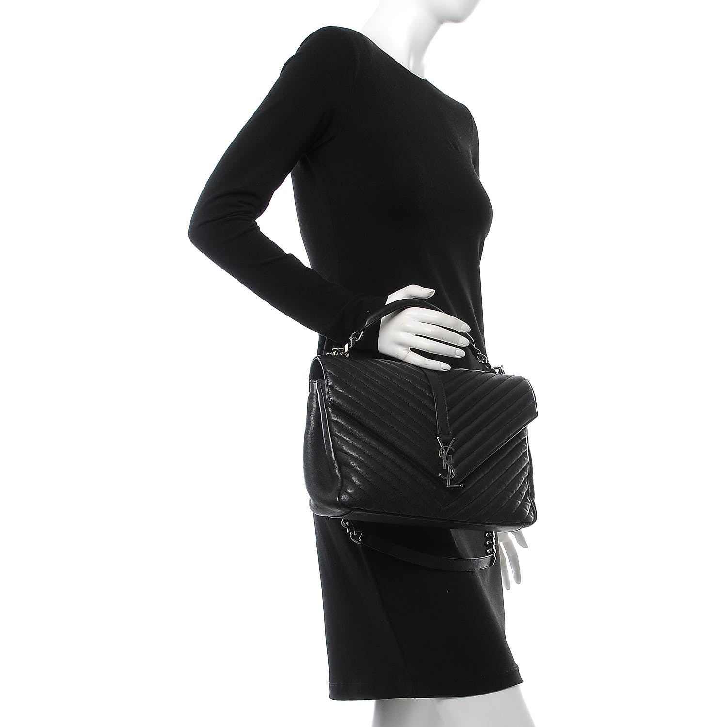 Saint Laurent Sheepskin Matelasse Chevron Monogram Large College Satchel Black 3 of 9