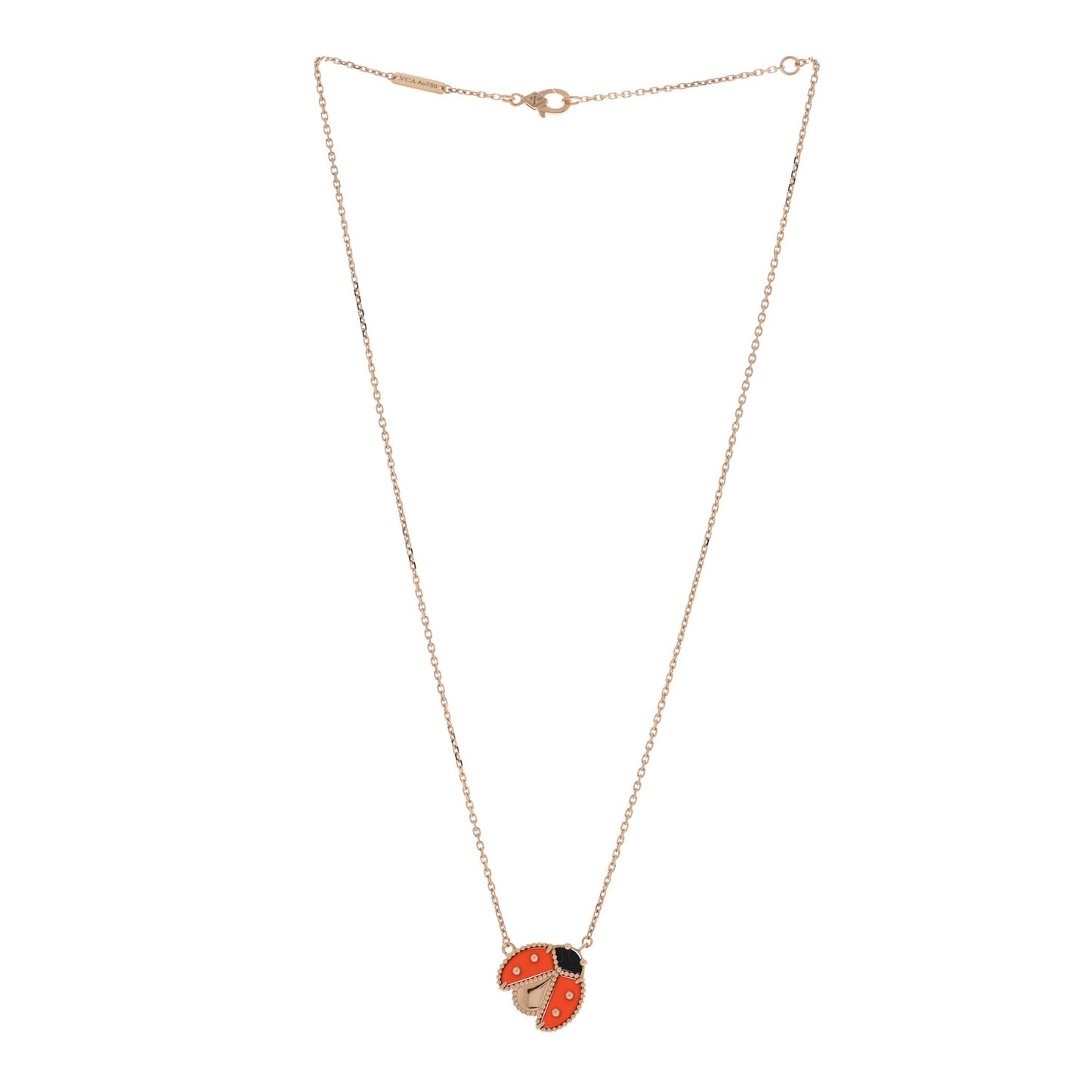 18K Rose Gold Carnelian Black Onyx Lucky Spring Open Wings Lady Bug Pendant Necklace