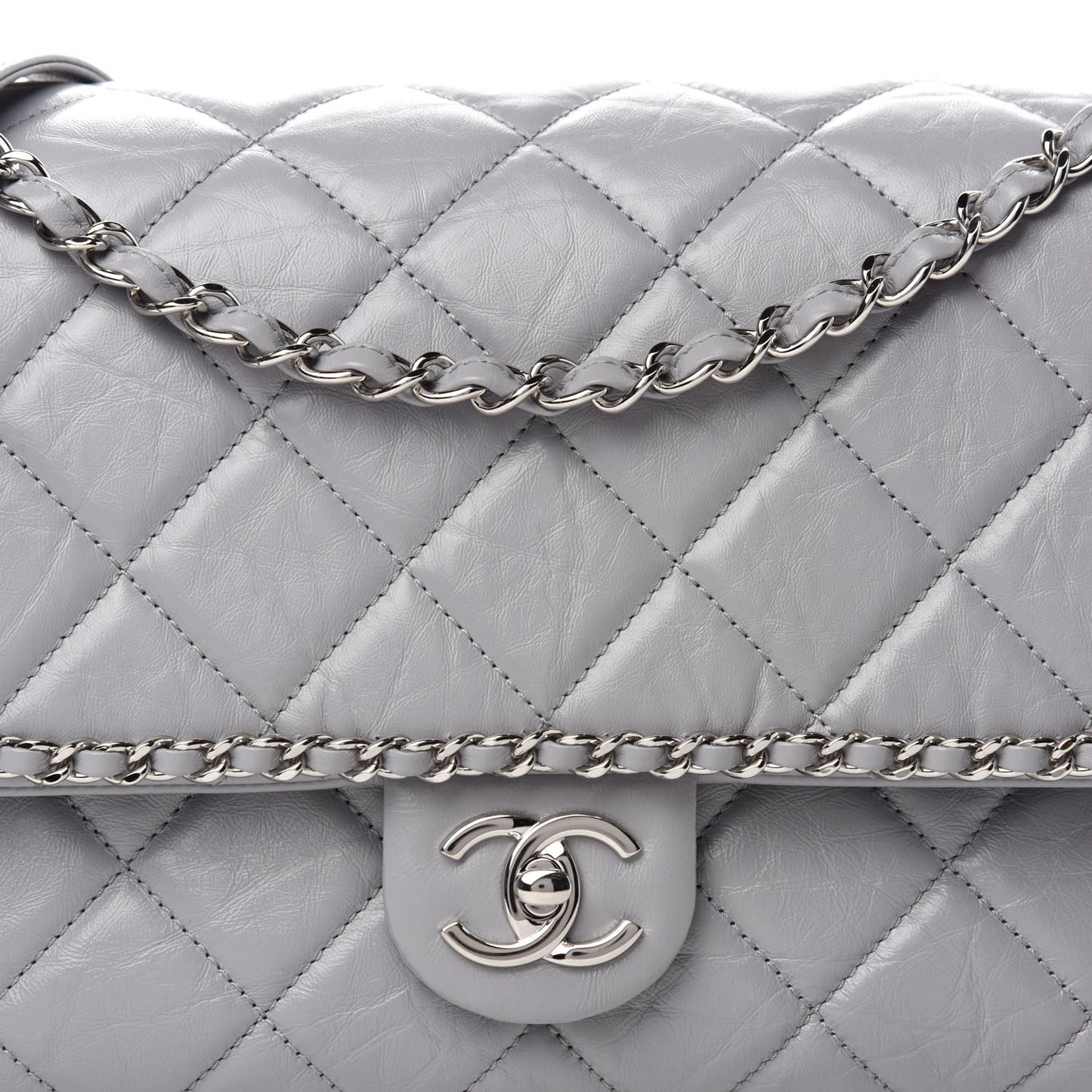 Crumpled Calfskin Large Chain All Over Flap Grey