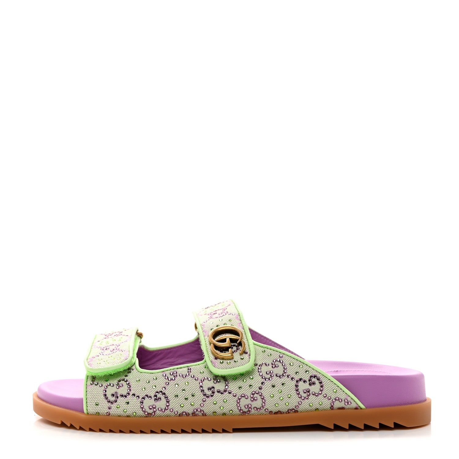Gucci GG New Canvas Nappa Crystal Womens Slide Sandals With Straps 38 Purple Green 1 of 9