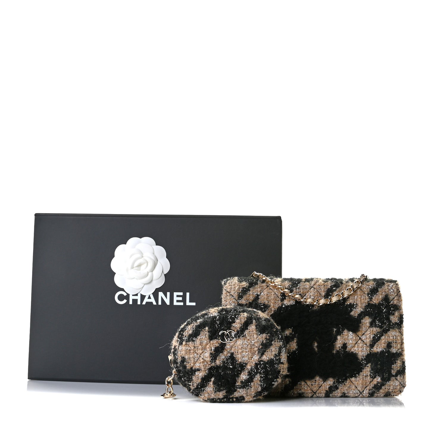 Tweed Shearling Quilted Chanel Wallet On Chain WOC and Coin Purse Beige Black