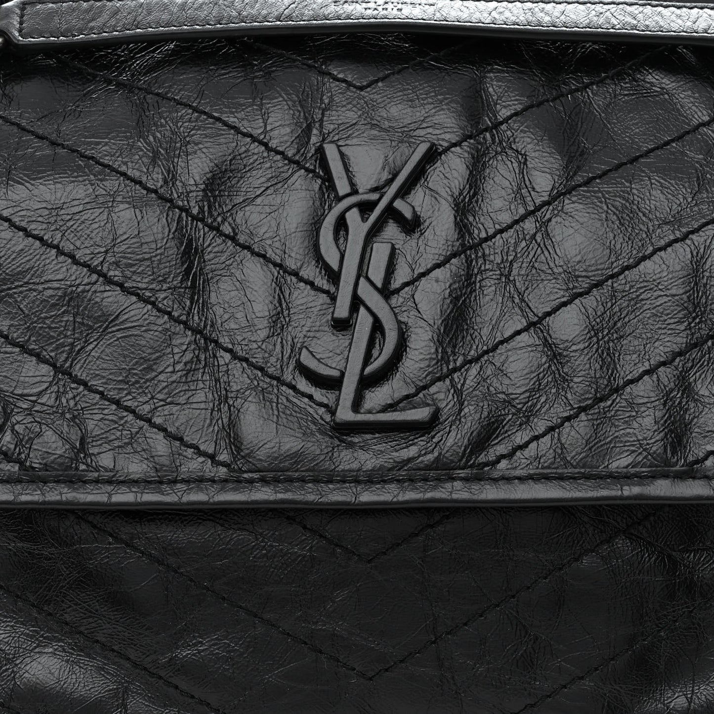 Crinkled Calfskin Matelasse Monogram Medium Niki Chain Satchel Black