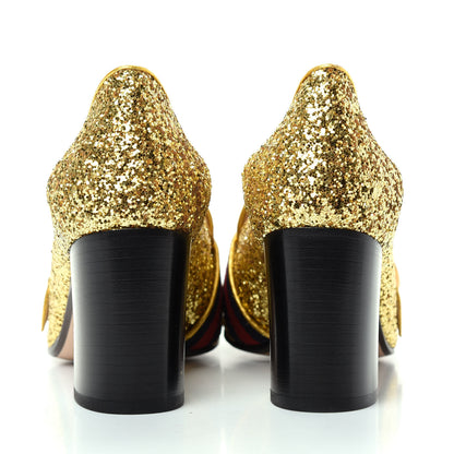 Gucci Glitter Nappa Web Peyton 75mm Loafer Pumps 38.5 Oro Vecchio 7 of 11