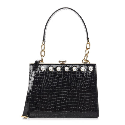 Miu Miu Calfskin Crocodile Embossed Crystal Embellished Solitaire Bag Black 1 of 9