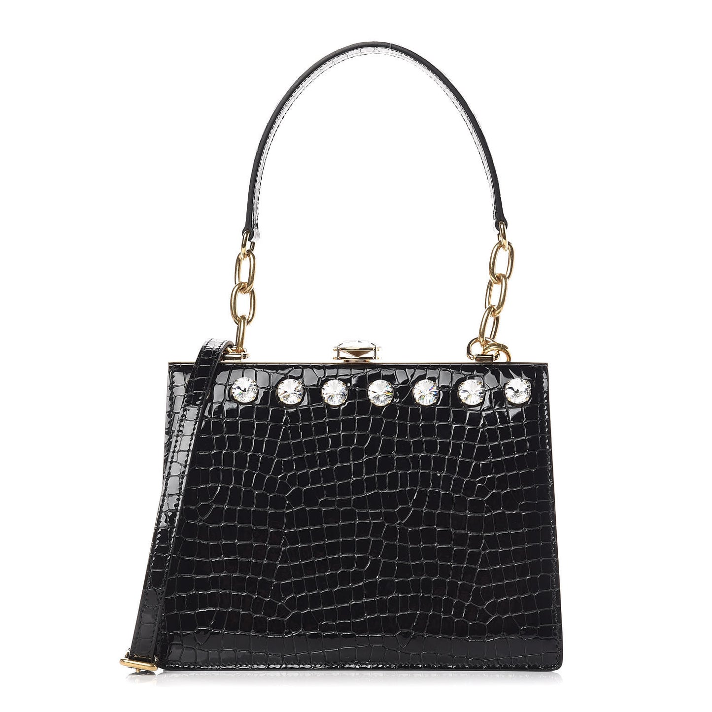 Calfskin Crocodile Embossed Crystal Embellished Solitaire Bag Black
