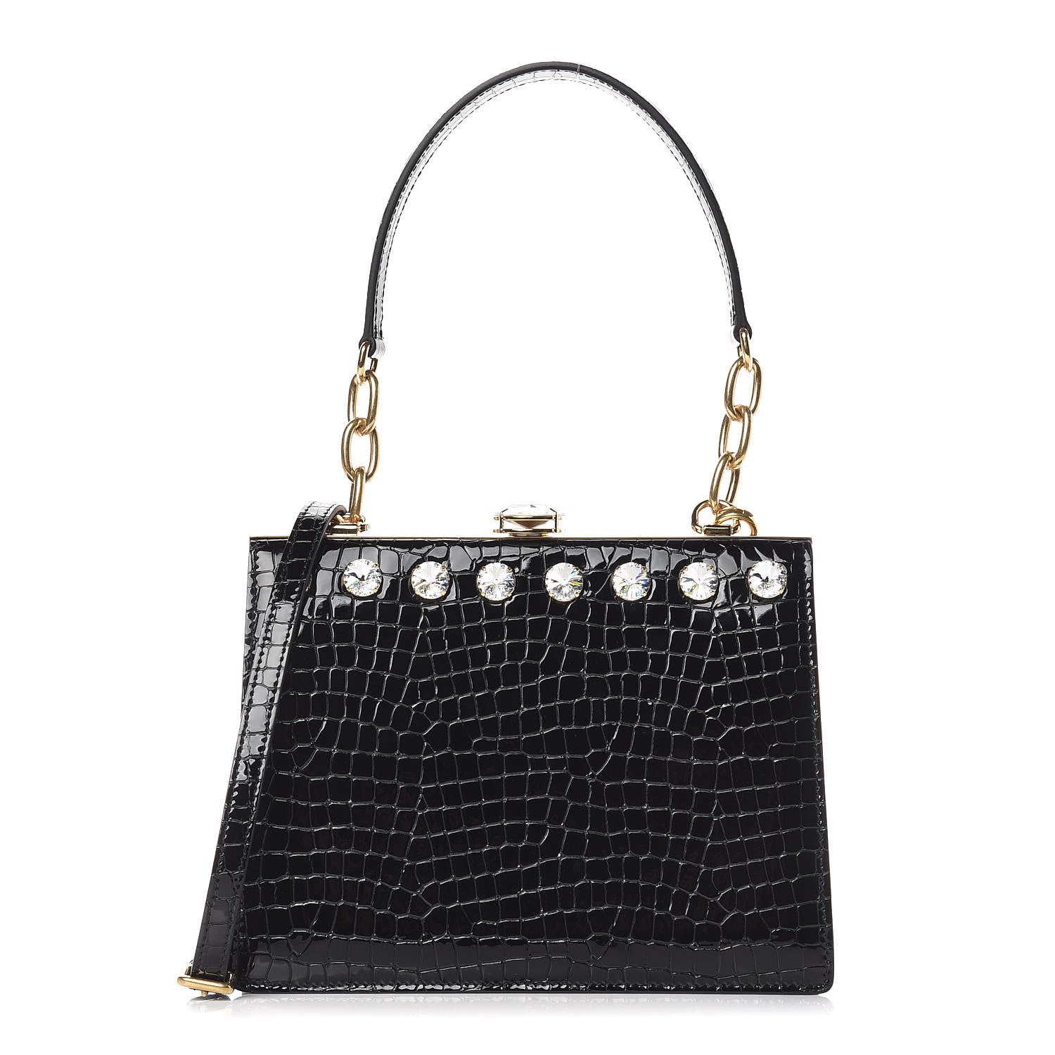 Miu Miu Calfskin Crocodile Embossed Crystal Embellished Solitaire Bag Black 1 of 9