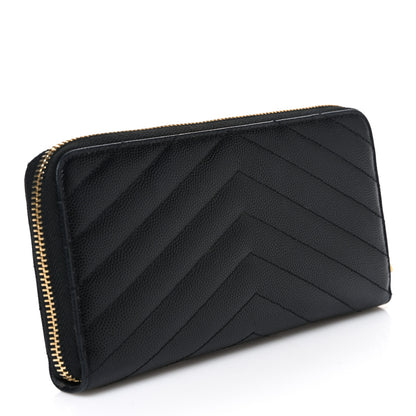 Saint Laurent Grain De Poudre Matelasse Chevron Monogram Zip Around Wallet Black 3 of 6