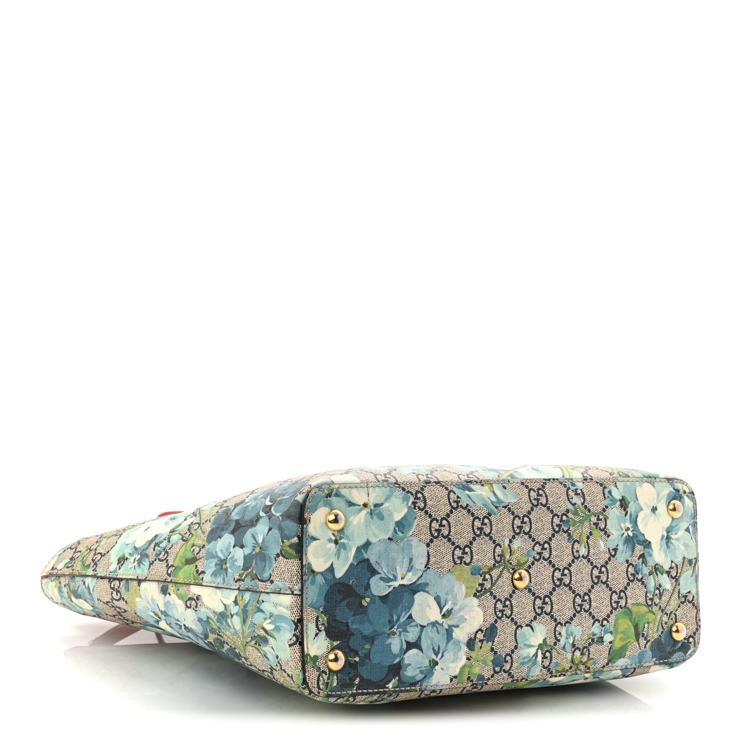 Gucci GG Supreme Monogram Blooms Medium Zippered Bucket Tote Beige Blue Navy Hibiscus Red 4 of 12