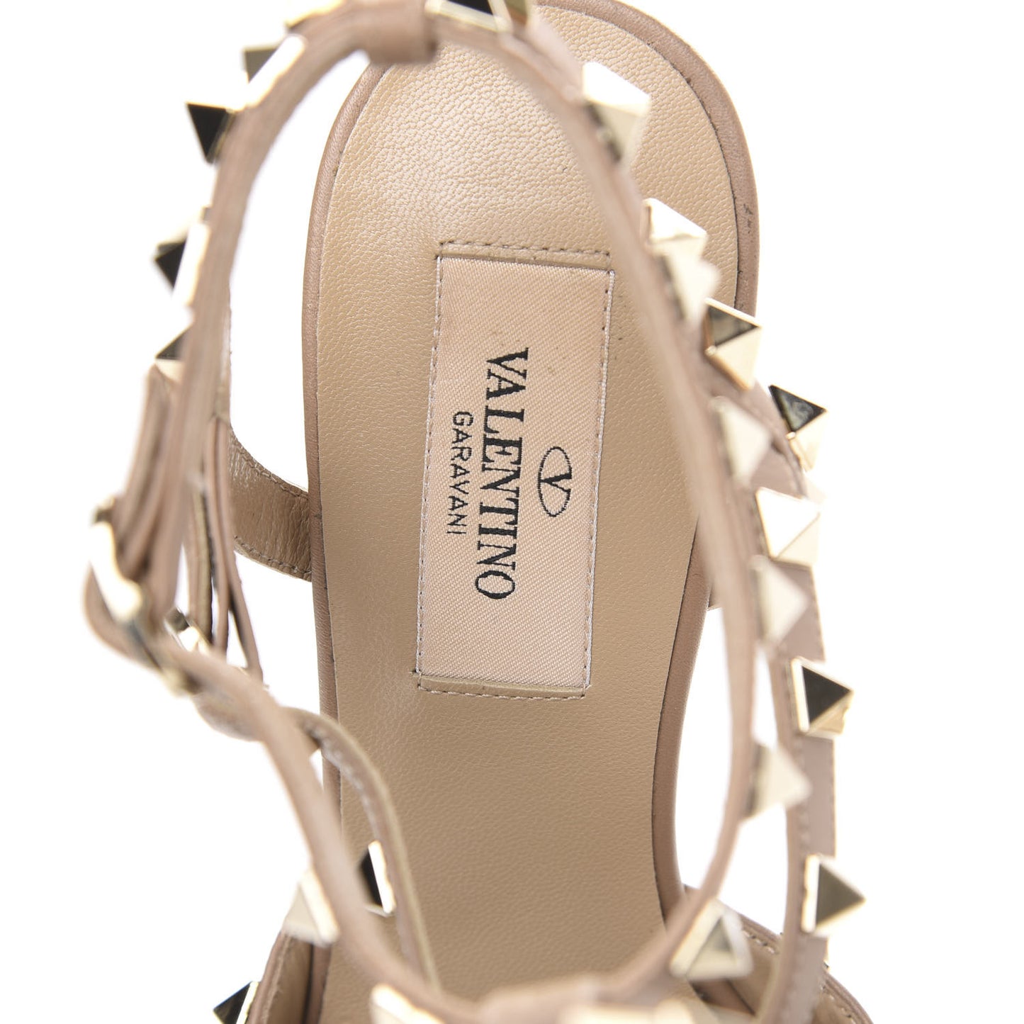Pebbled Calfskin Rockstud Ankle Strap Low Heel Pumps 35.5 Poudre