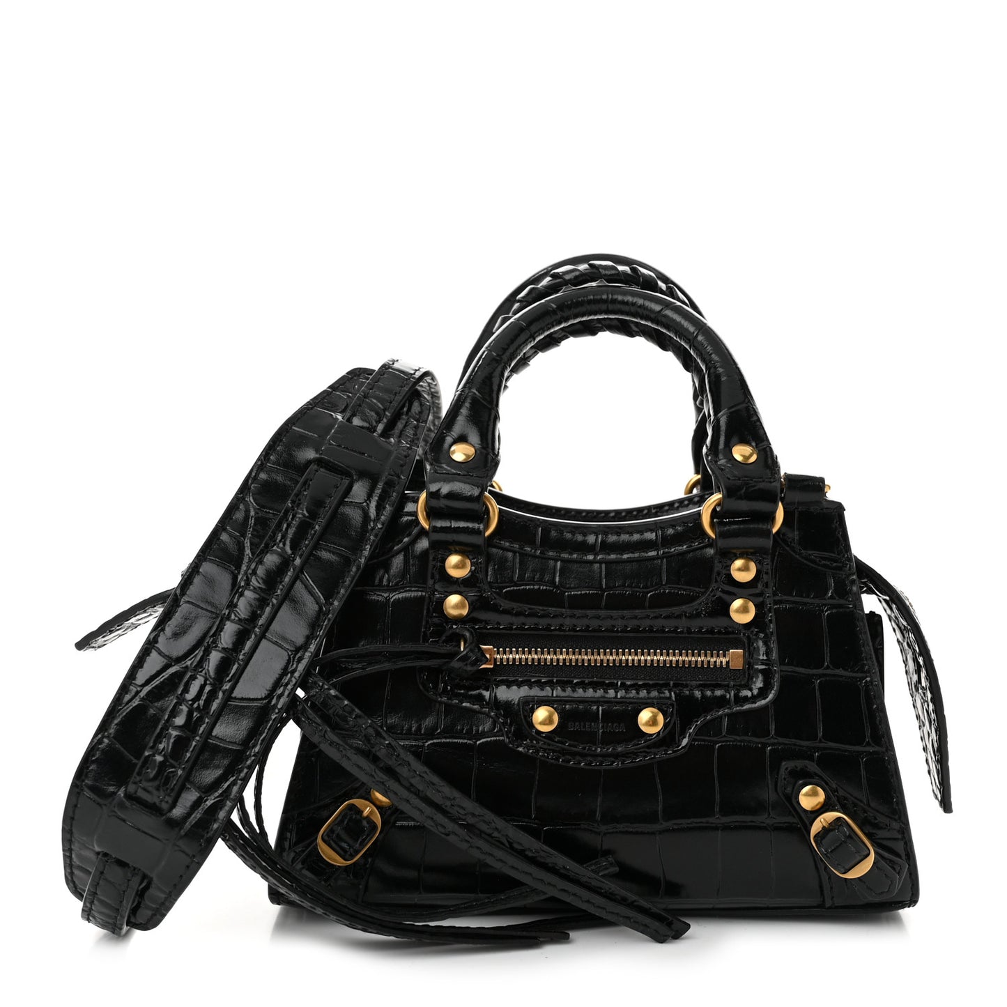 Shiny Supple Calfskin Crocodile Embossed Neo Classic Gold Hardware Nano City Crossbody Black