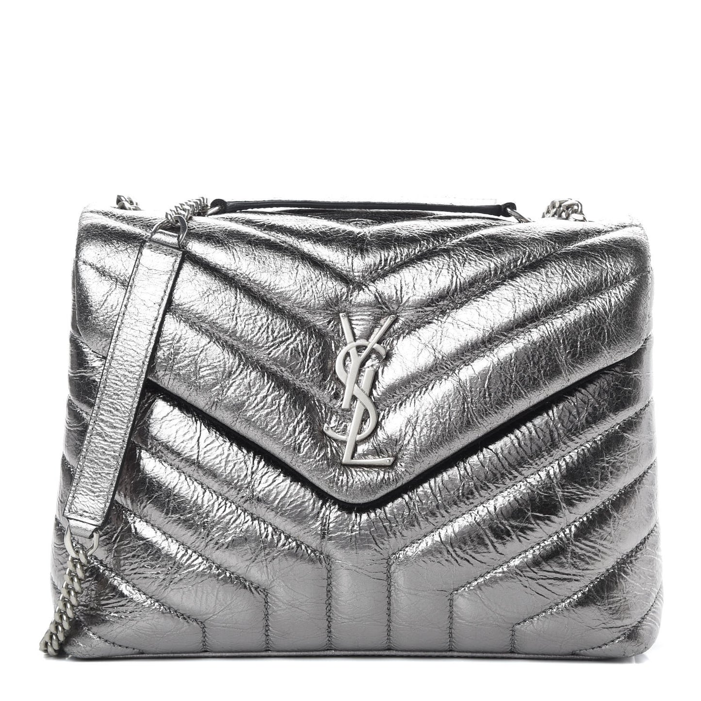 Metallic Calfskin Y Quilted Monogram Small Loulou Chain Satchel Acciaio