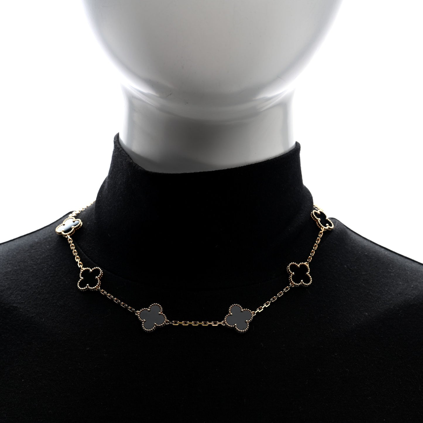 18K Yellow Gold Black Onyx 10 Motifs Vintage Alhambra Necklace
