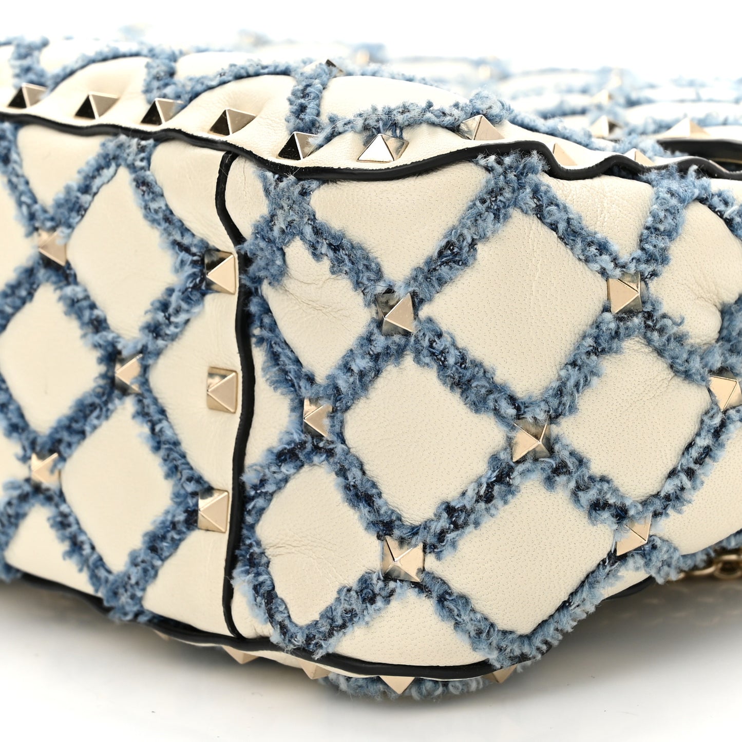 Nappa Denim Quilted Rockstud Medium Spike Shoulder Bag Ivory Blue