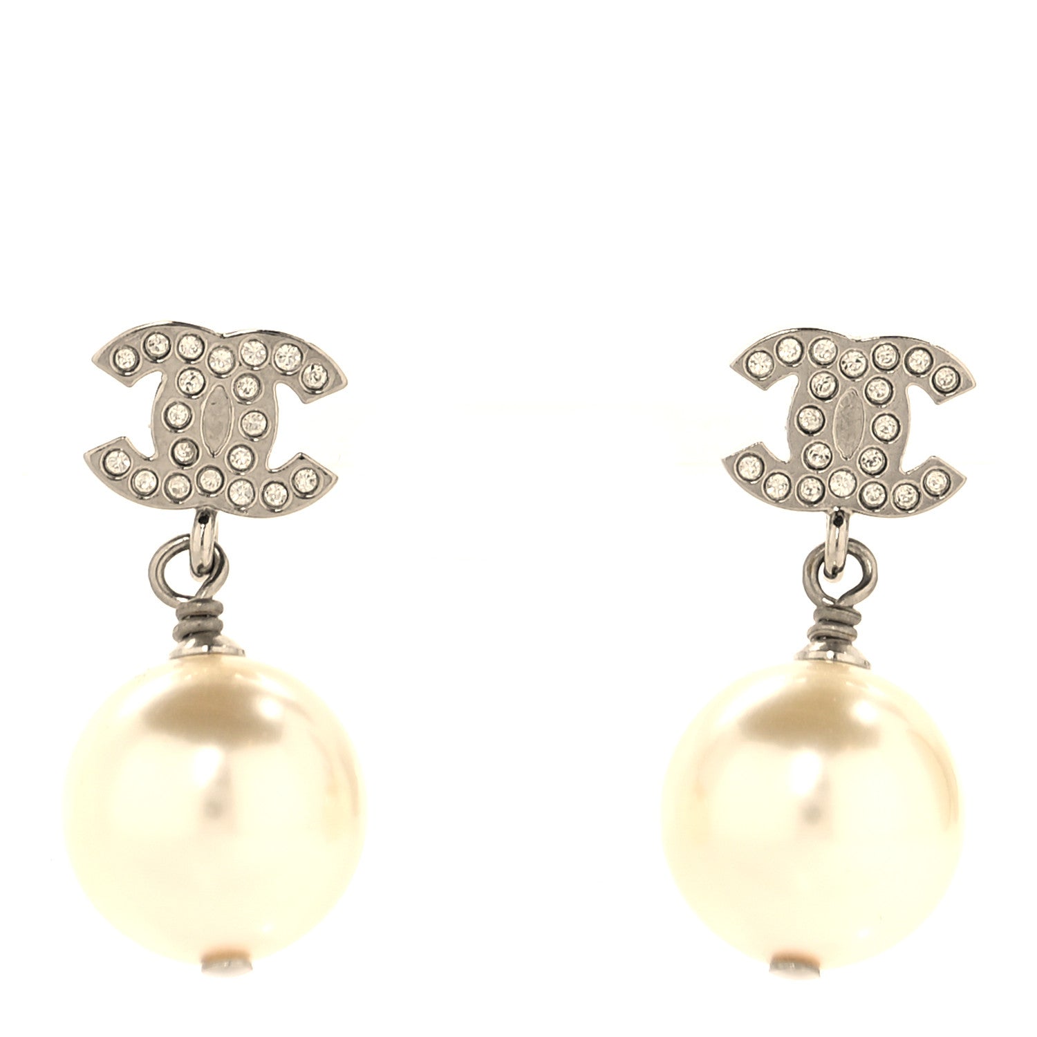 Chanel Crystal Pearl CC Drop Earrings Silver Pearly White 1 of 5
