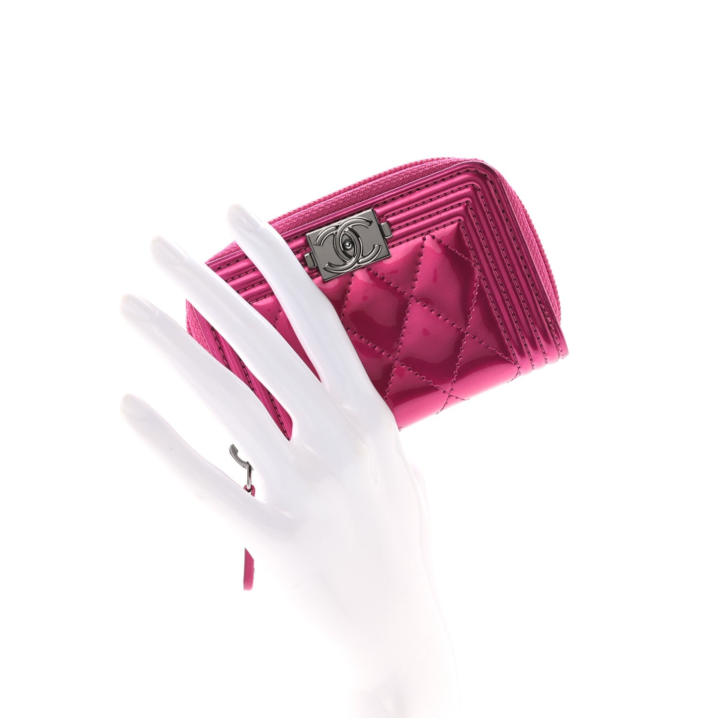 Metallic Patent Quilted Zip Around Boy Coin Purse Wallet Fuchsia