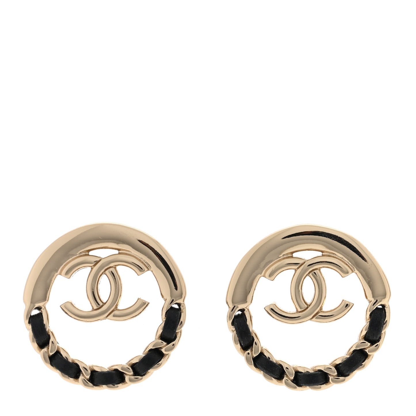 Lambskin Chain CC Round Earrings Gold Black