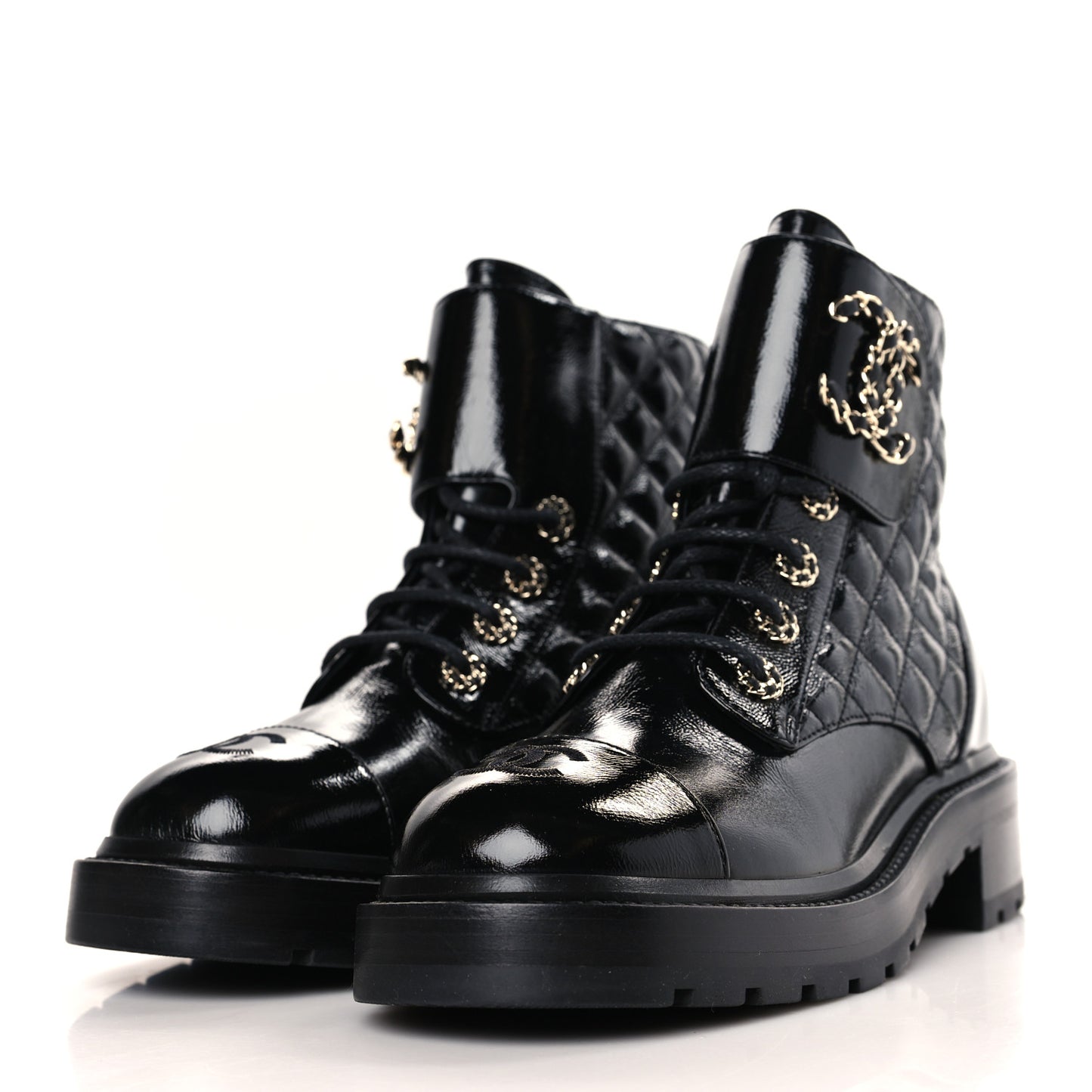 Shiny Goatskin Calfskin Quilted Lace Up Combat Boots 38 Black
