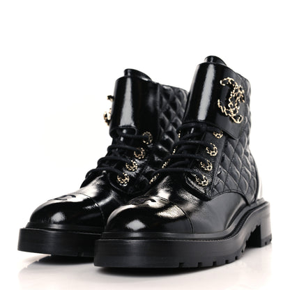Chanel Shiny Goatskin Calfskin Quilted Lace Up Combat Boots 38 Black 3 of 7