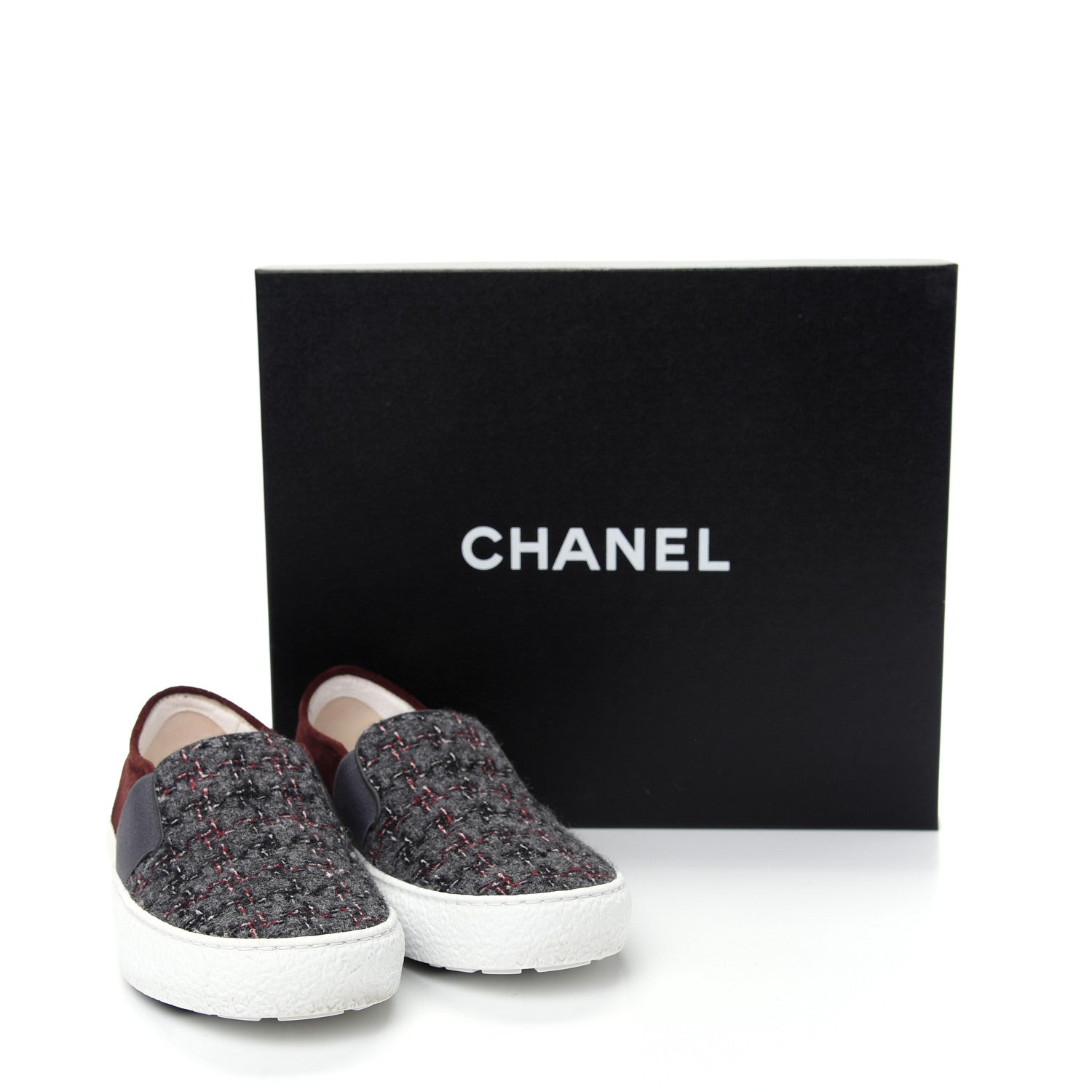 Chanel Suede Calfskin Tweed Sneakers 36 Burgundy Grey Red 11 of 11