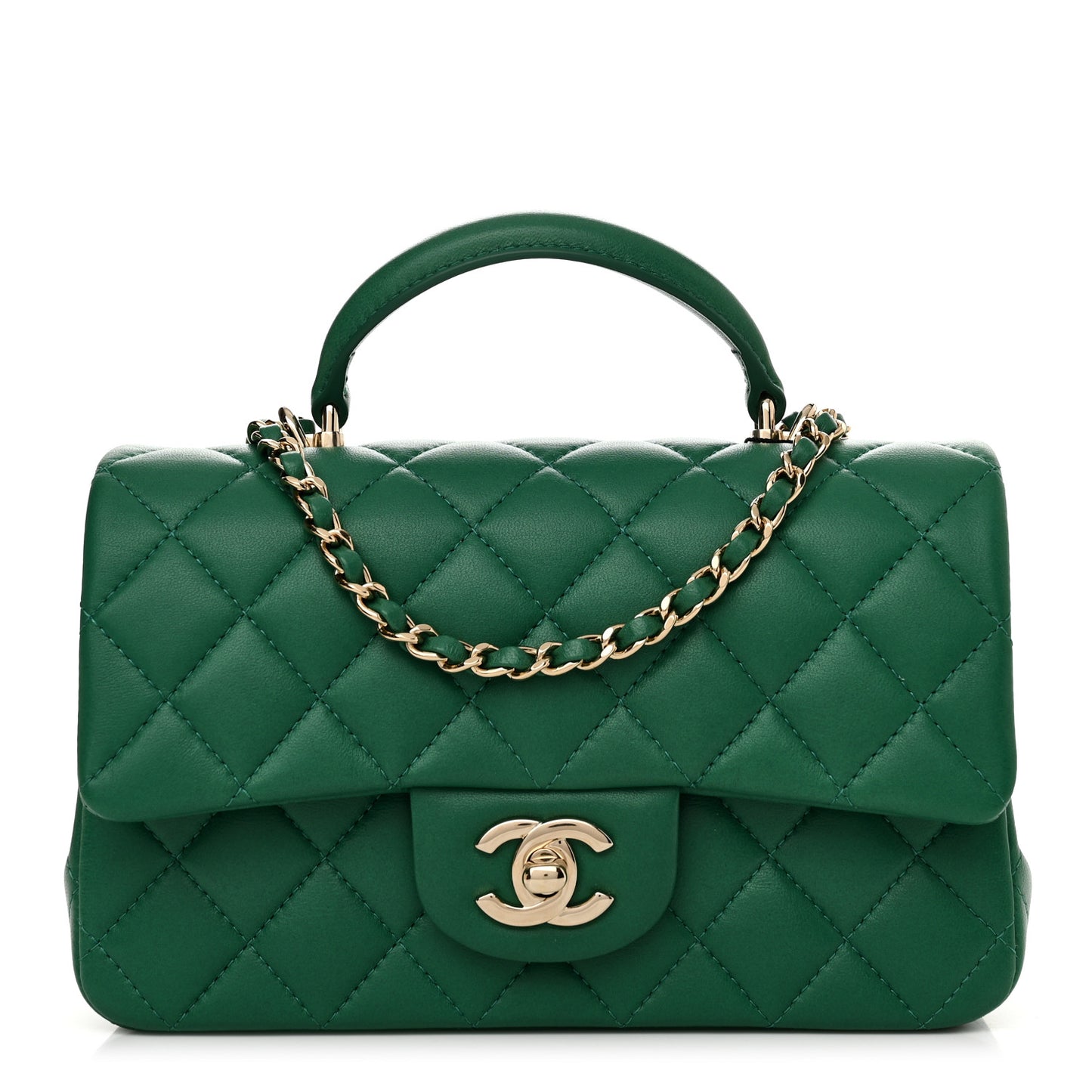 Lambskin Quilted Mini Top Handle Rectangular Flap Green