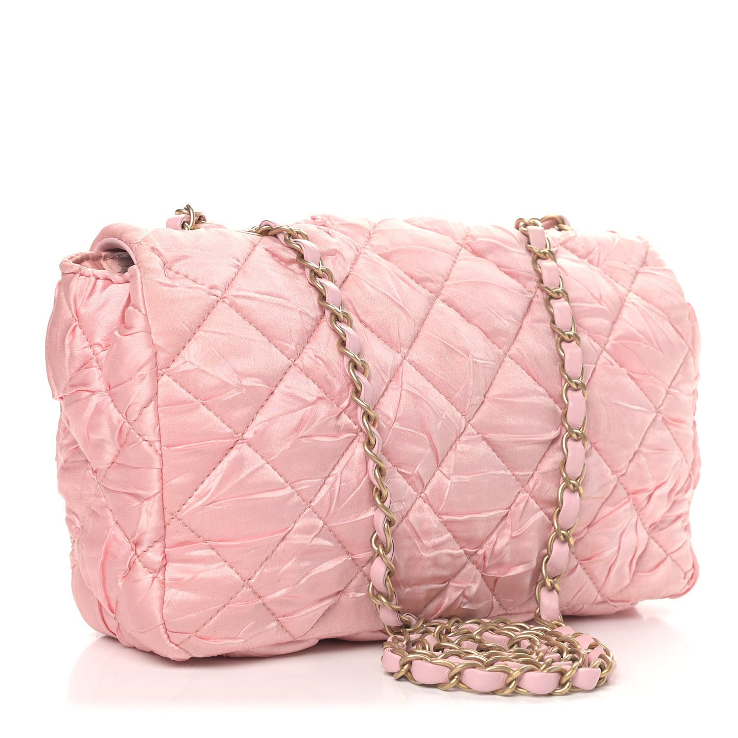 Satin Quilted Pleated Medium Single Flap Pink