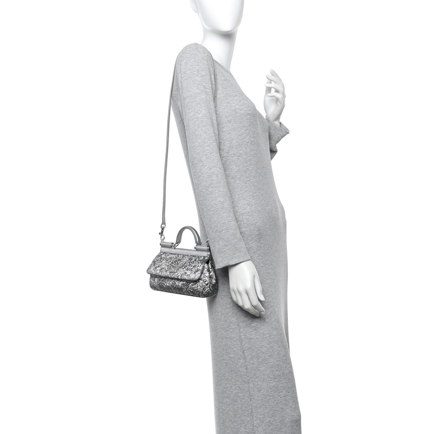 Dolce & Gabbana Brocade Fabric Lizard Calfskin Embossed Small Miss Sicily Satchel Silver 3 of 19