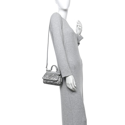 Dolce & Gabbana Brocade Fabric Lizard Calfskin Embossed Small Miss Sicily Satchel Silver 3 of 19